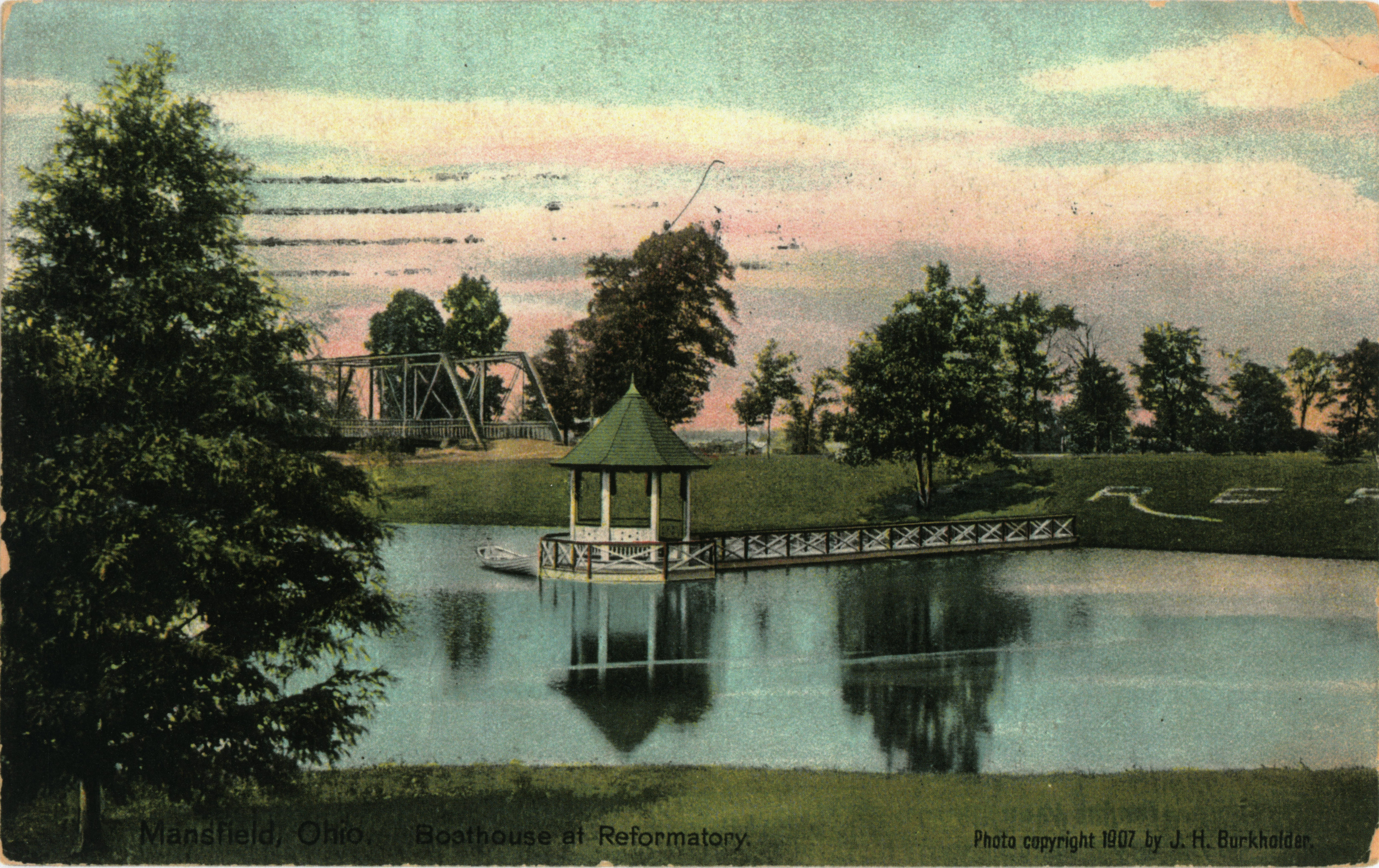 Mansfield, Ohio Boathouse at Reformatory Photo Copyright 1908 by J. H. Burkholder
